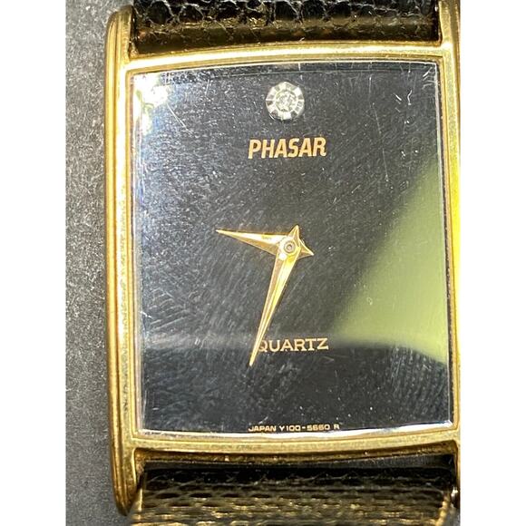 Phasar Gold Tone Rectangle Black Dial Quartz Watch Y100-5470 Black Leather Band - Picture 1 of 8